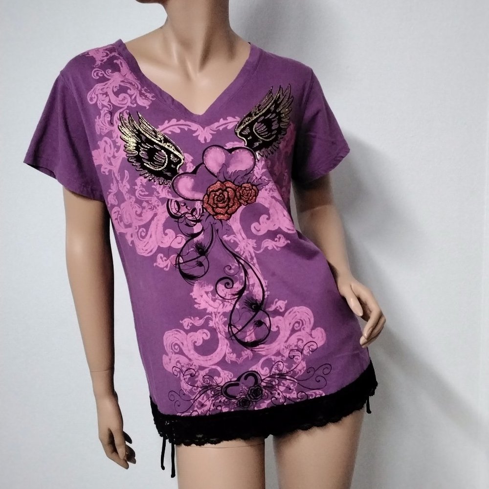 JOU JOU purple Diva Deco T-shirt SIZE 1X lace hem V-neck Floral Paisley Pattern